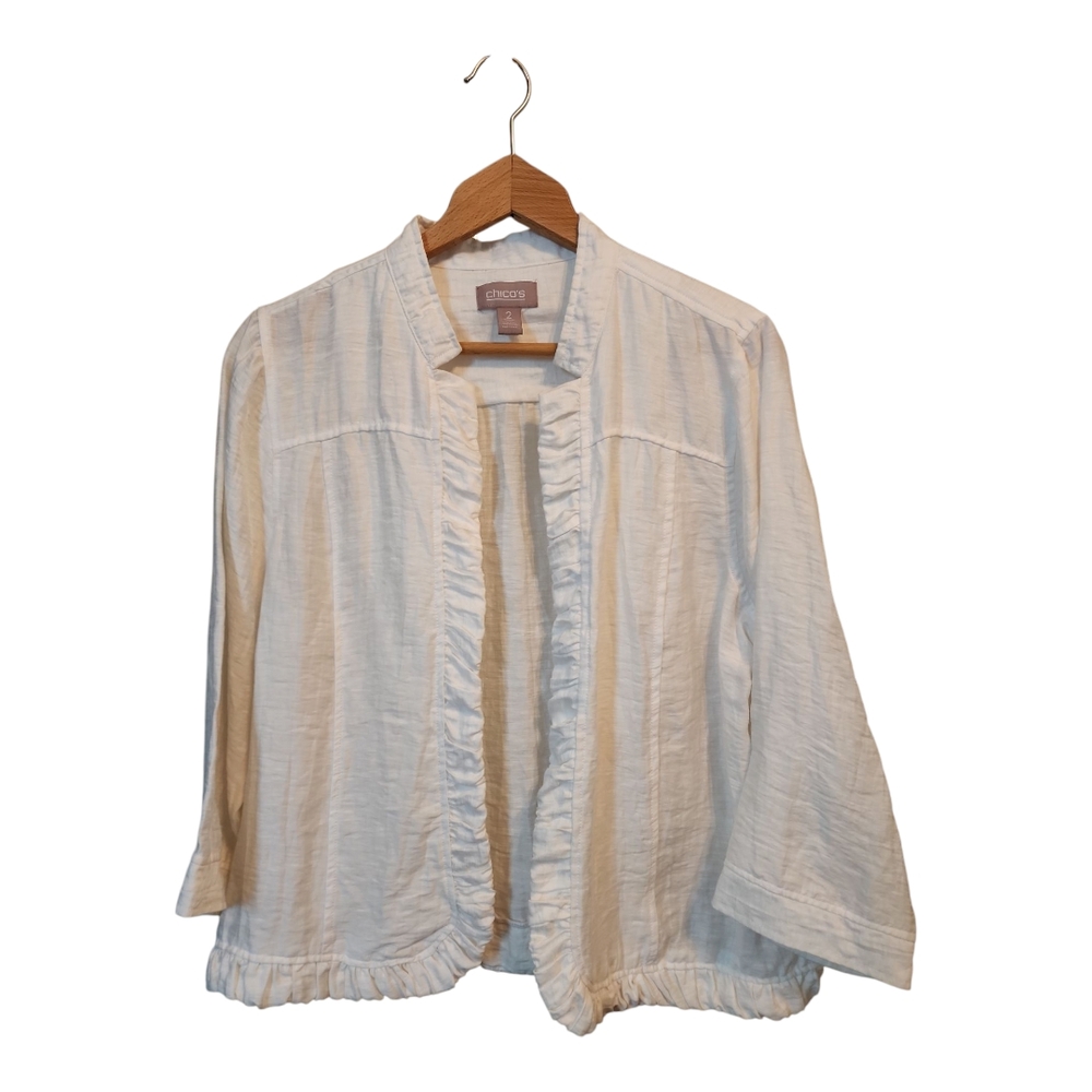 Chico's White Cream Ruffled Open Linen Jacket